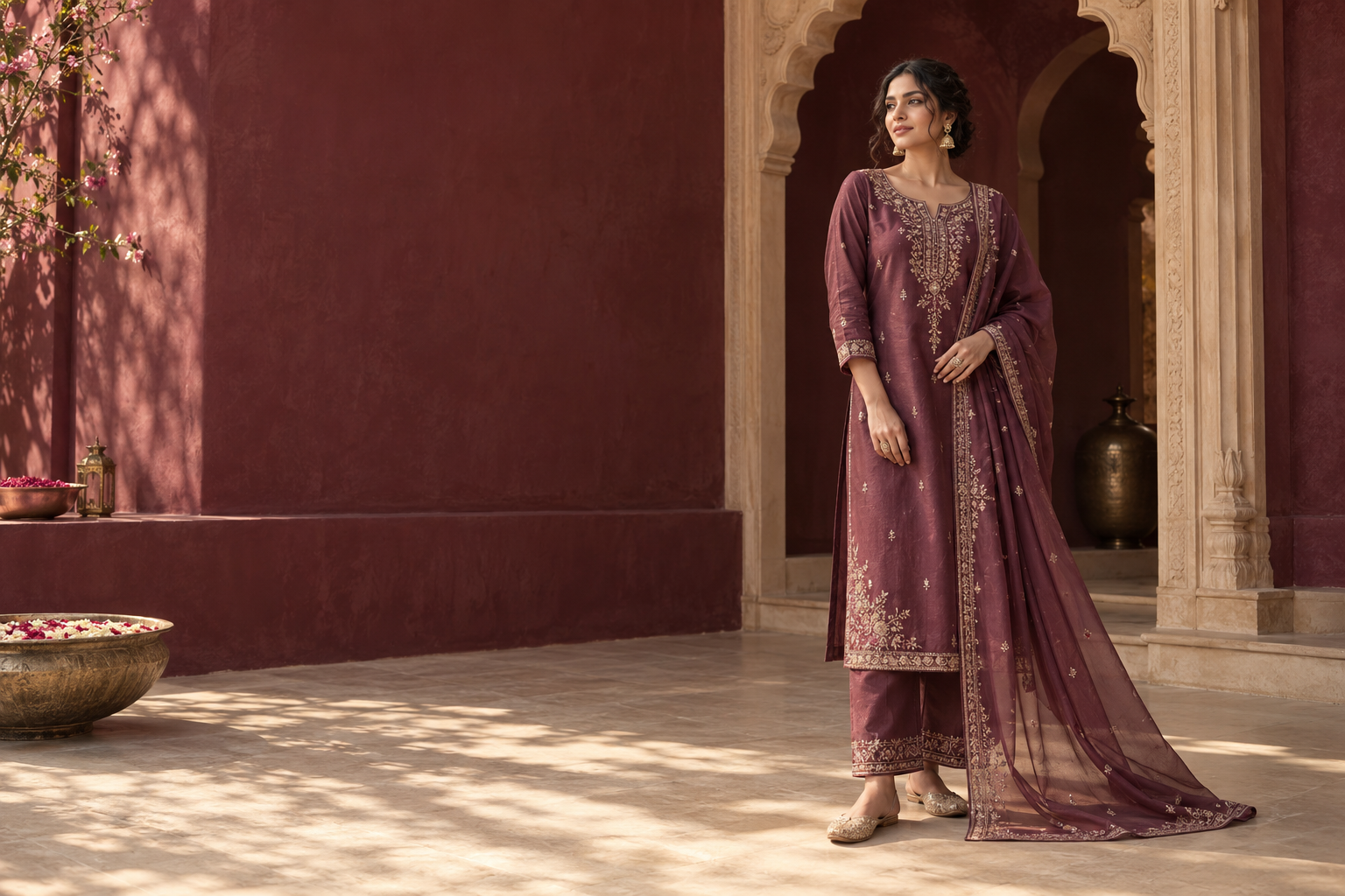 Woman wearing an elegant mulberry kurta set